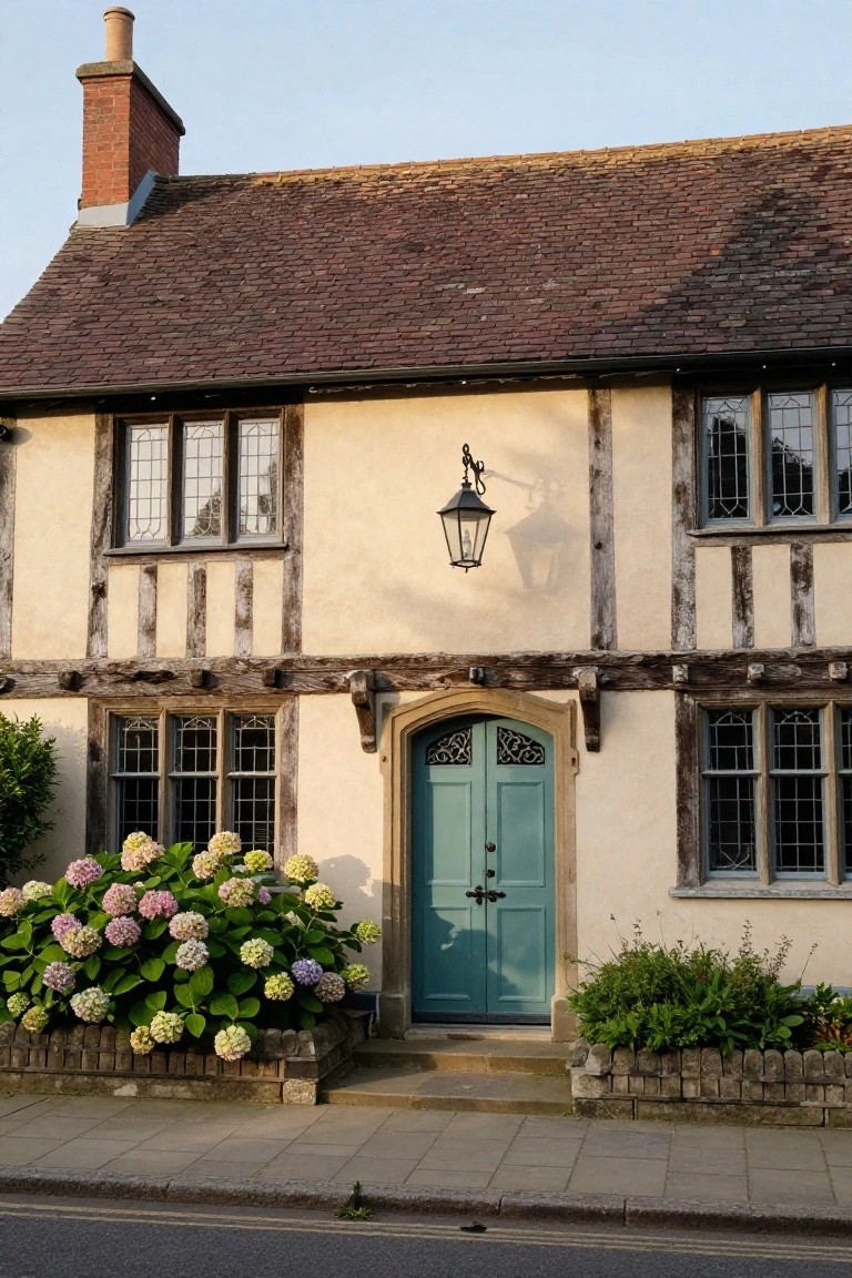 Two-story Tudor house exterior with cream plaster walls, dark timber framing, red clay tile roof, teal double front door, leaded glass windows, hanging lantern light, and large hydrangea bushes flanking the entry steps.