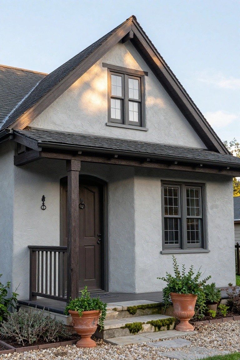 Front view of a small Tudor-style house with light gray stucco walls, dark timber framing on the gabled roof and porch, a dark wood door, gray-shuttered windows, and potted plants near stone steps.