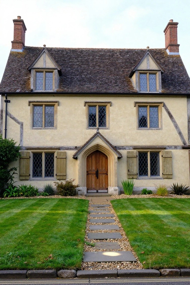 Two-story Tudor house with pale ochre walls, dark timber framing, multiple leaded windows, arched wooden entry door, brick chimneys, and a front lawn with stone path and gravel edging.