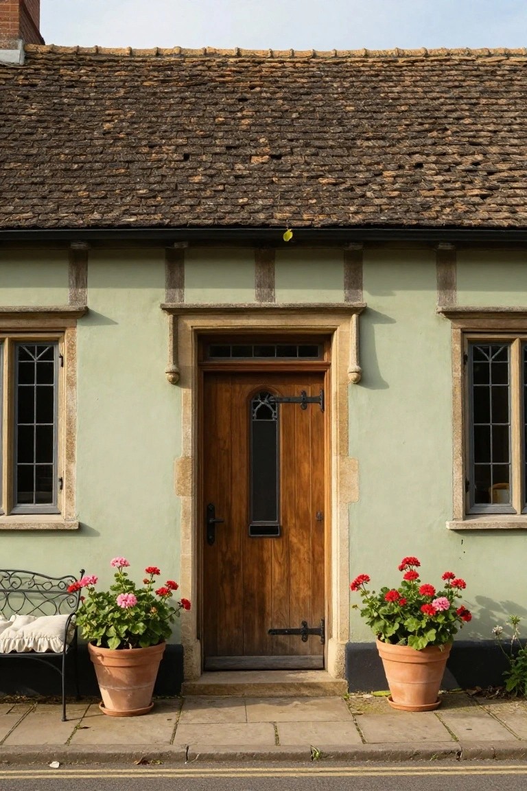 Pale green half-timbered Tudor house exterior with dark wooden door, leaded glass windows, two large terracotta pots of red geraniums flanking the entrance, and a black wrought-iron bench on a stone pathway.