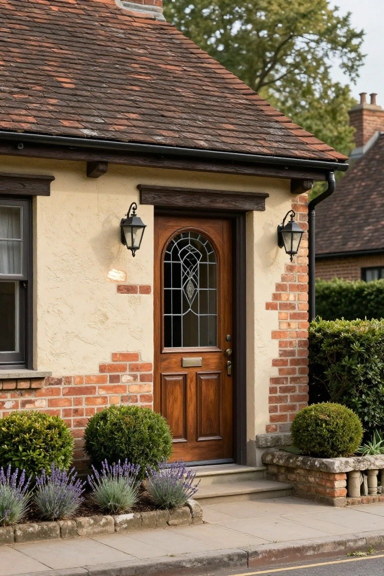 Tudor-style house exterior featuring pale cream stucco walls with red brick base and accents, dark wood arched front door with leaded glass window, black lanterns, and low plantings of boxwood shrubs and lavender along the entry path.