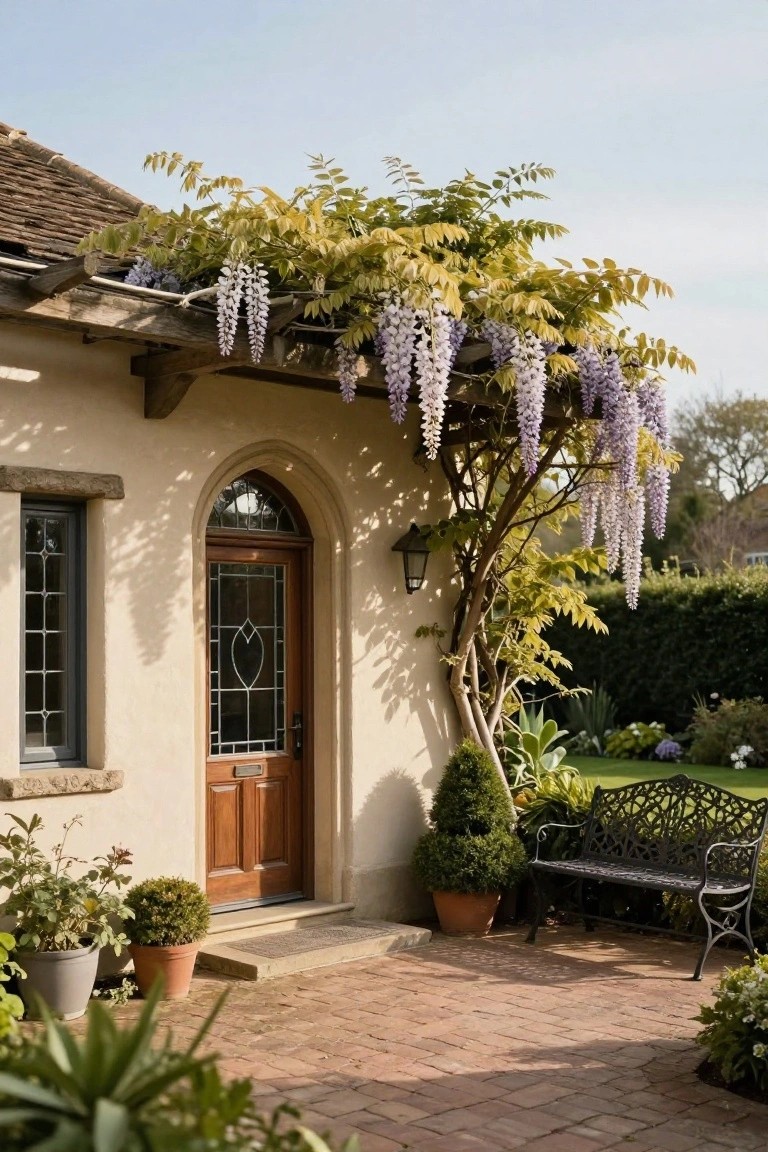 Beige stucco house exterior with arched wooden door and side window under wooden pergola covered in purple wisteria blooms, potted plants around brick patio and black metal bench.
