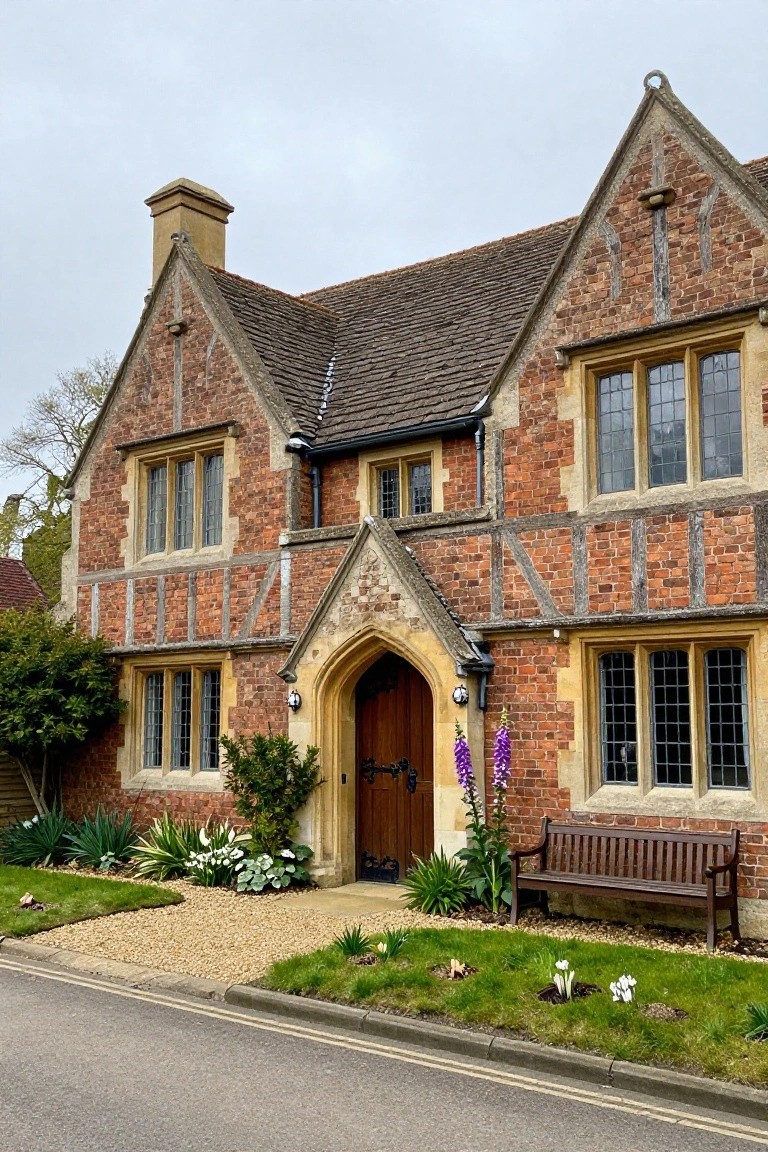 A two-story Tudor-style brick house with dark half-timbering, gabled roofline, leaded glass windows, arched wooden front door, purple foxgloves, white flowers, agaves, and a wooden bench in the front garden along a roadside curb.