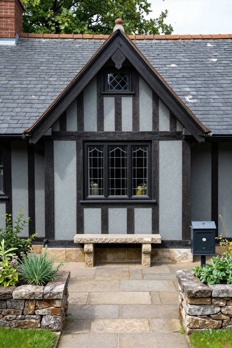 Tudor-style house gable with black timber framing on gray stucco walls, slate roof, leaded windows with plants inside, carved stone bench at entrance, metal post box, and stone planters with greenery on a paved path.