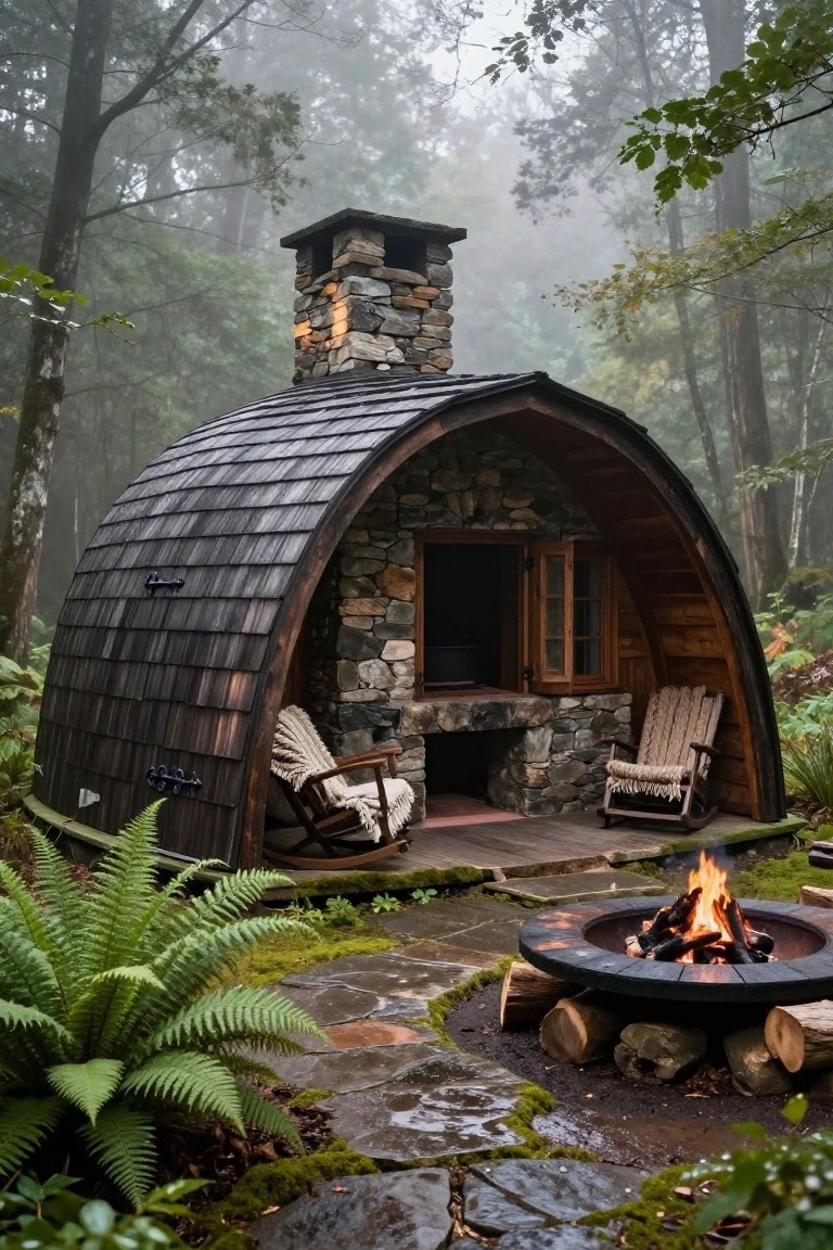 Small arched-roof cabin with stone base, wooden porch, two cushioned rocking chairs, stone chimney, and nearby circular fire pit on stone path amid misty forest and ferns.