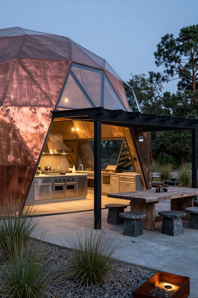 Copper-colored geodesic dome house with geometric panels and large glass sections, open to an outdoor stainless steel kitchen under a black steel frame shelter, wooden table with stone stools on gravel patio, fire pit nearby, pine trees and grasses at dusk.