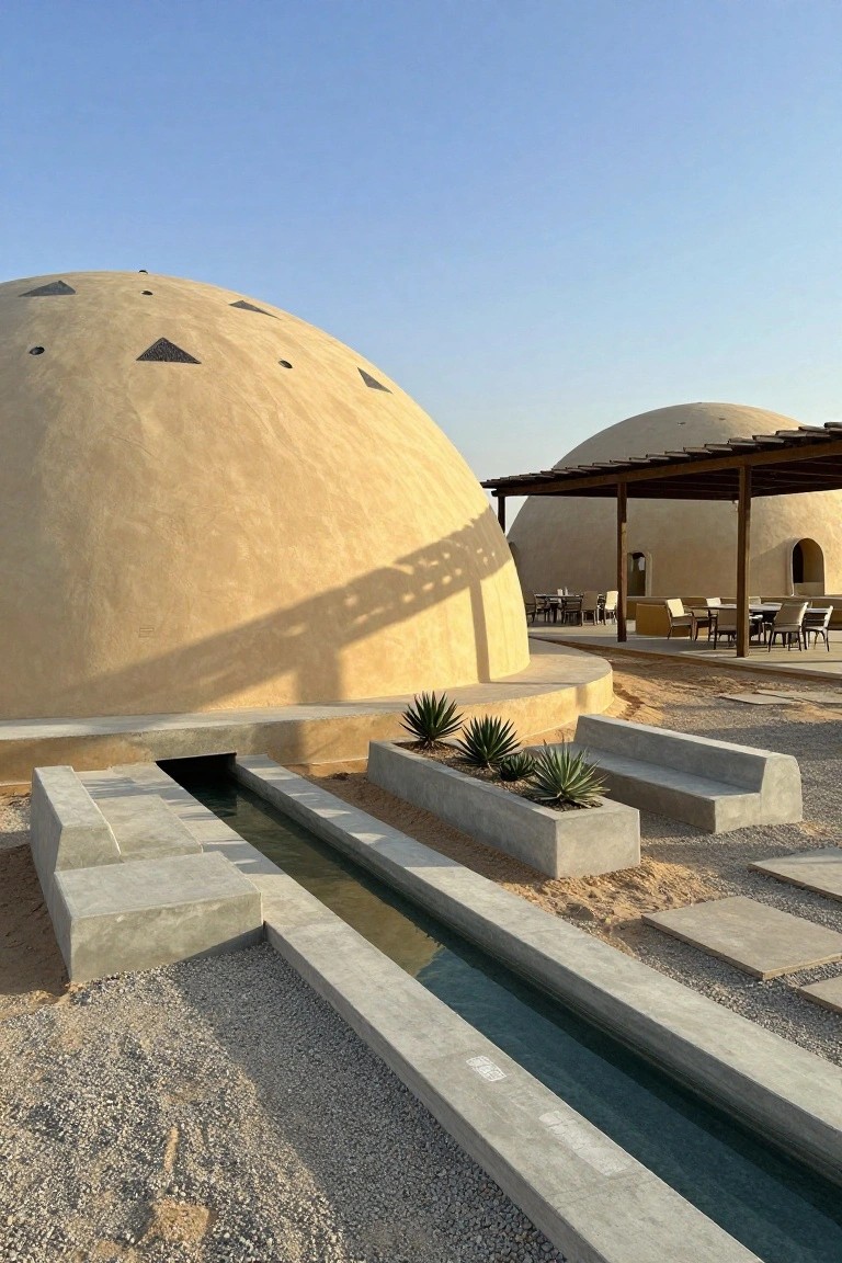 Beige dome-shaped structures in a desert landscape with a narrow concrete water channel lined by agave plants and concrete benches, plus an outdoor dining area under a wooden pergola.