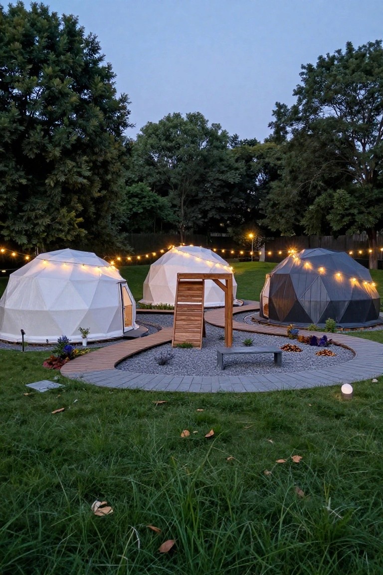 Three lit geodesic domes in white and gray arranged in a grassy yard surrounded by trees, connected by wooden paths to a central gravel circle with a bench, string lights overhead, and dusk lighting.