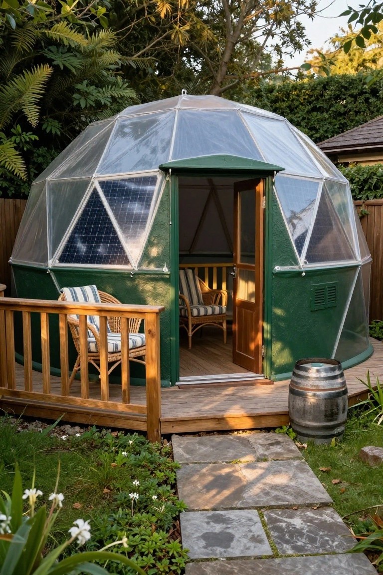 Green-painted lower section of a geodesic dome with clear upper panels and solar cells on a wooden deck porch in a backyard garden, open door showing chairs inside, stone path and plants around.