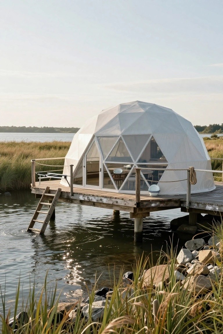 White geodesic dome with glass-paneled entry on a wooden pier over shallow water, with a ladder leading down and reeds along the shore.