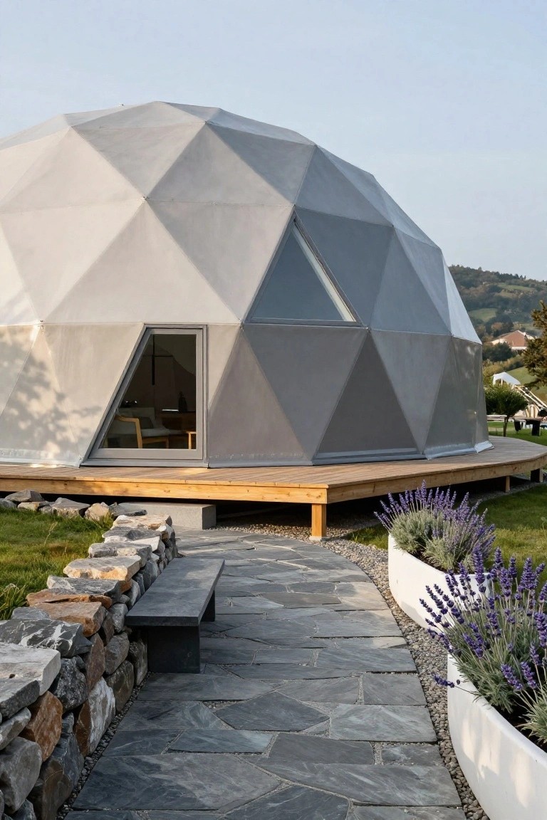 Gray and white geodesic dome structure elevated on a curved wooden deck with a glass door entry, flanked by a stone wall, bench, slate path, and white planters of lavender in a grassy yard with hills in background.