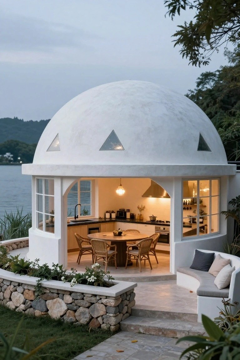 White curved dome pavilion with open kitchen interior, round wooden dining table with chairs, curved outdoor bench, stone wall planter, and lake view surrounded by greenery.