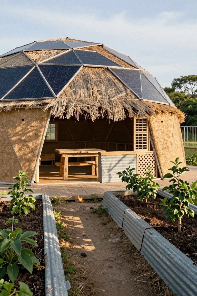 Geodesic dome structure covered partly in solar panels and thatch, with an open entrance showing a wooden table inside, raised garden beds with young plants along the front, and a dirt path leading to the door.