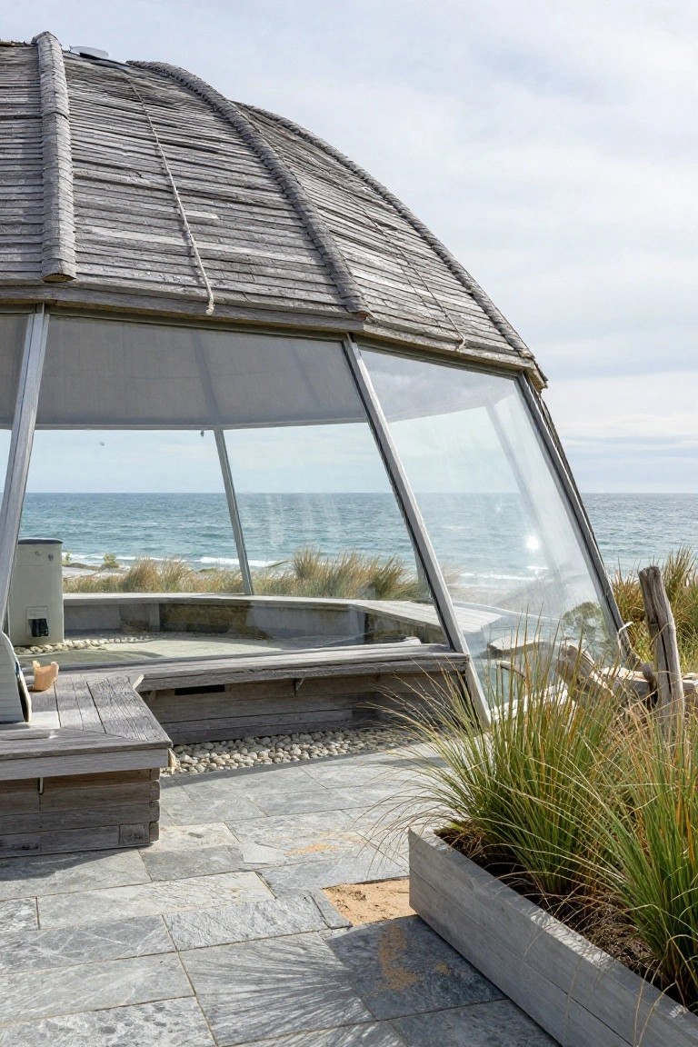 Dome-shaped pavilion with wooden thatched roof and large glass panels overlooking ocean waves, beach dunes, and grasses, with a curved wooden bench on a stone patio surrounded by pebble areas and potted beach grass.