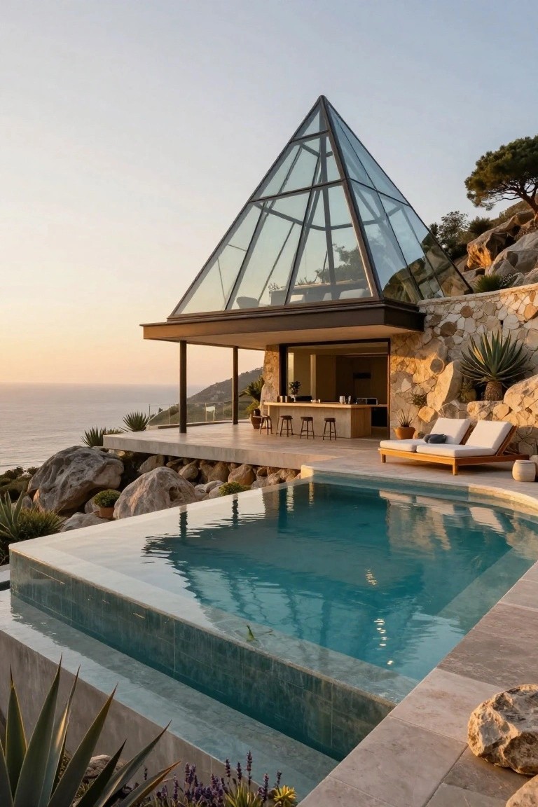 Pyramid-shaped glass pavilion on a rocky cliffside with infinity pool, wooden bar, stools, loungers, agave plants, and ocean view at dusk.