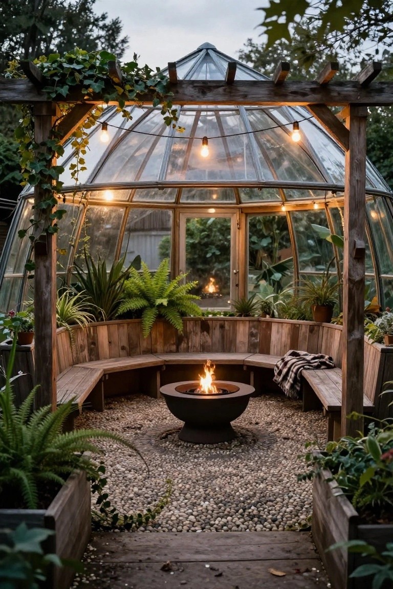 Wooden-framed octagonal glass greenhouse with curved bench seating around a central black fire pit on gravel ground, surrounded by potted ferns and tropical plants, string lights hanging from the pergola roof.