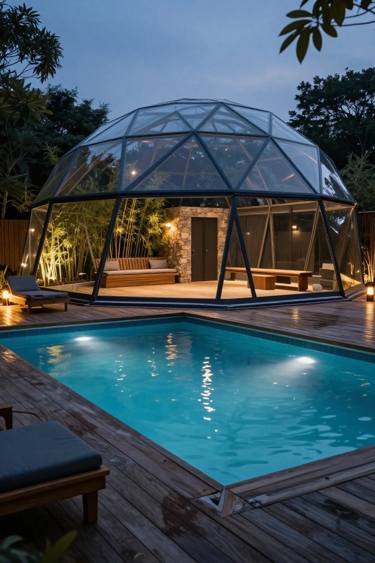 A transparent geodesic dome structure containing bamboo plants, benches, and lighting stands adjacent to a rectangular lit swimming pool on a wooden deck surrounded by tropical greenery at dusk.