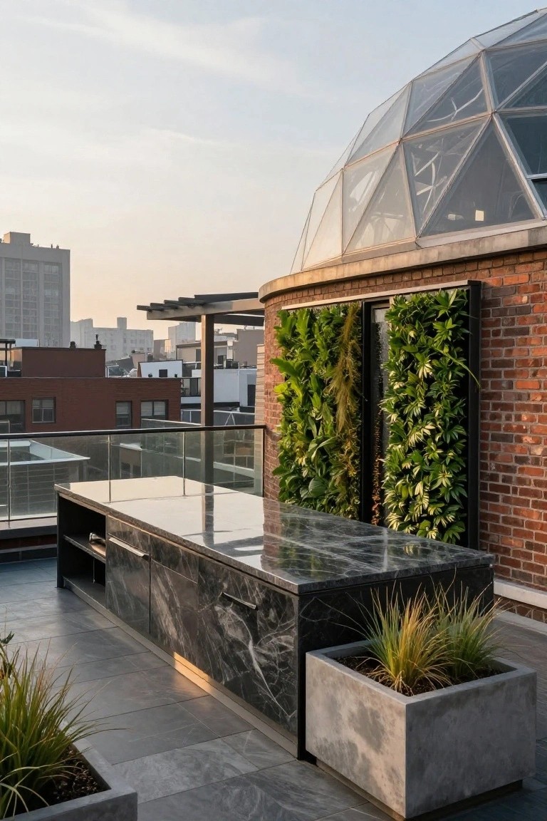 Rooftop terrace featuring a long black marble kitchen island with cabinets, vertical green walls on brick exterior, potted grasses, glass railing, and adjacent curved glass geodesic dome structure with city buildings in background.
