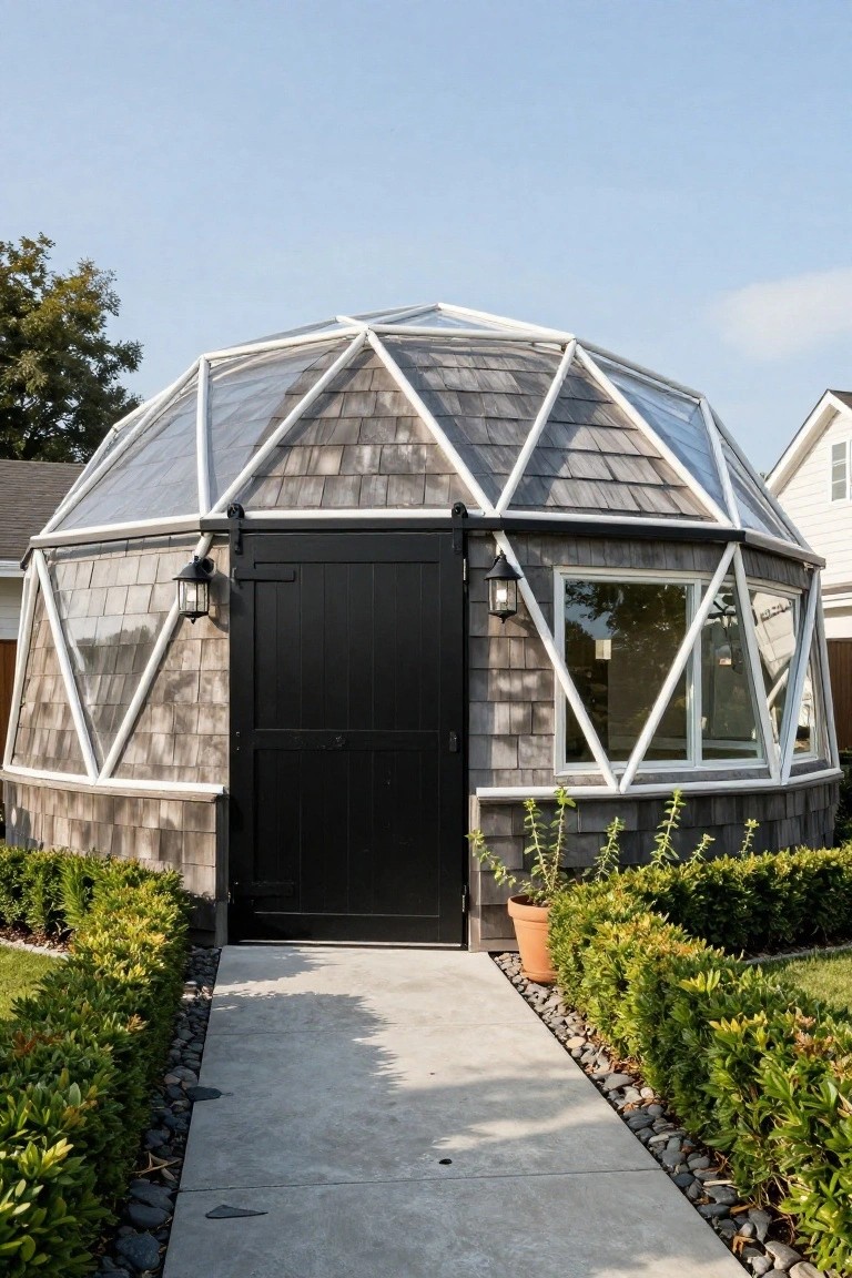 Geodesic dome structure clad in gray cedar shingles with white metal frame, black double door entry with lantern lights, boxwood hedges along a concrete path edged in black river rock, neighboring white house in background.