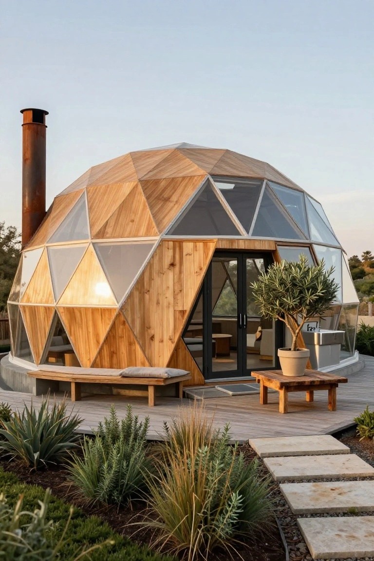 Wooden geodesic dome house with triangular glass and wood panels, black front door, metal chimney, curved bench, potted olive tree, and gravel landscaping on a concrete base.