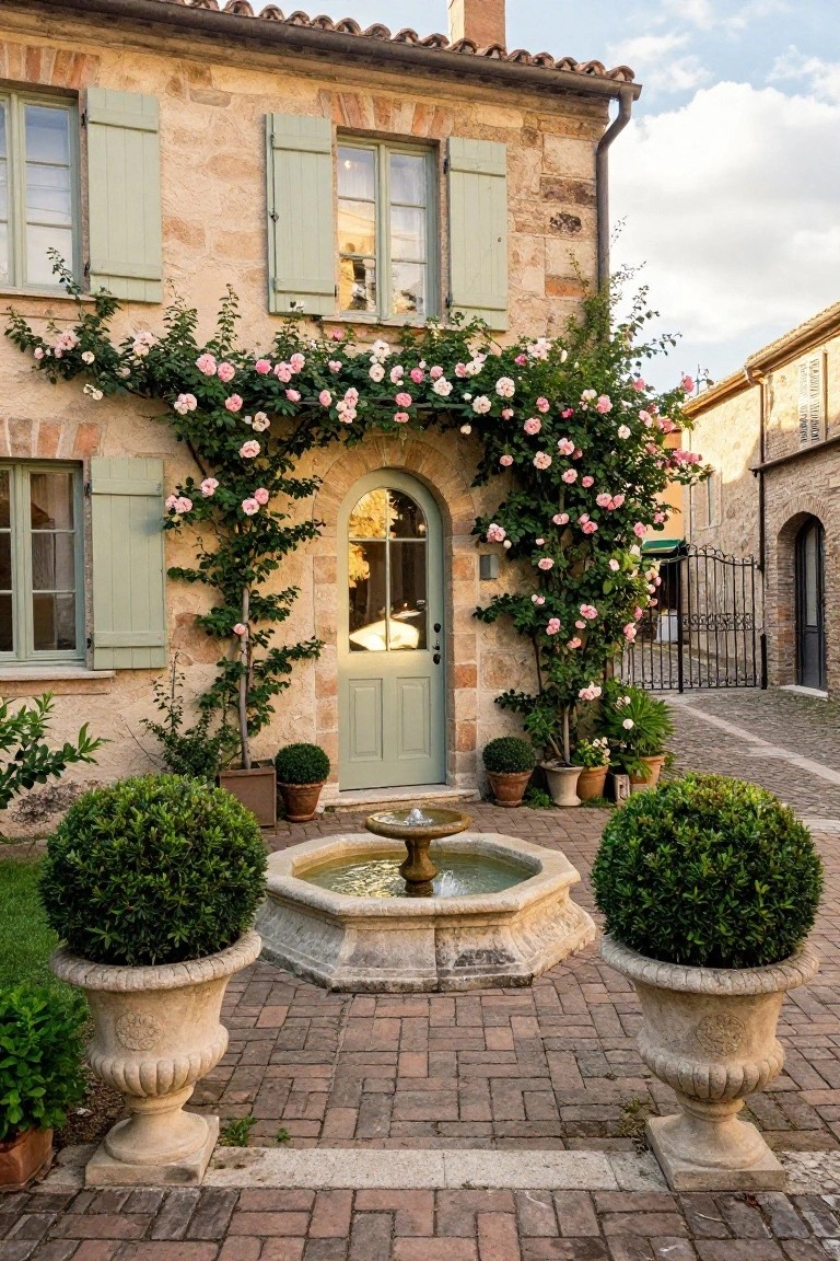 Stone French country house exterior featuring an arched green door framed by pink climbing roses on a trellis, with a central stone fountain, potted topiary plants in urns, and brick paving in the courtyard.