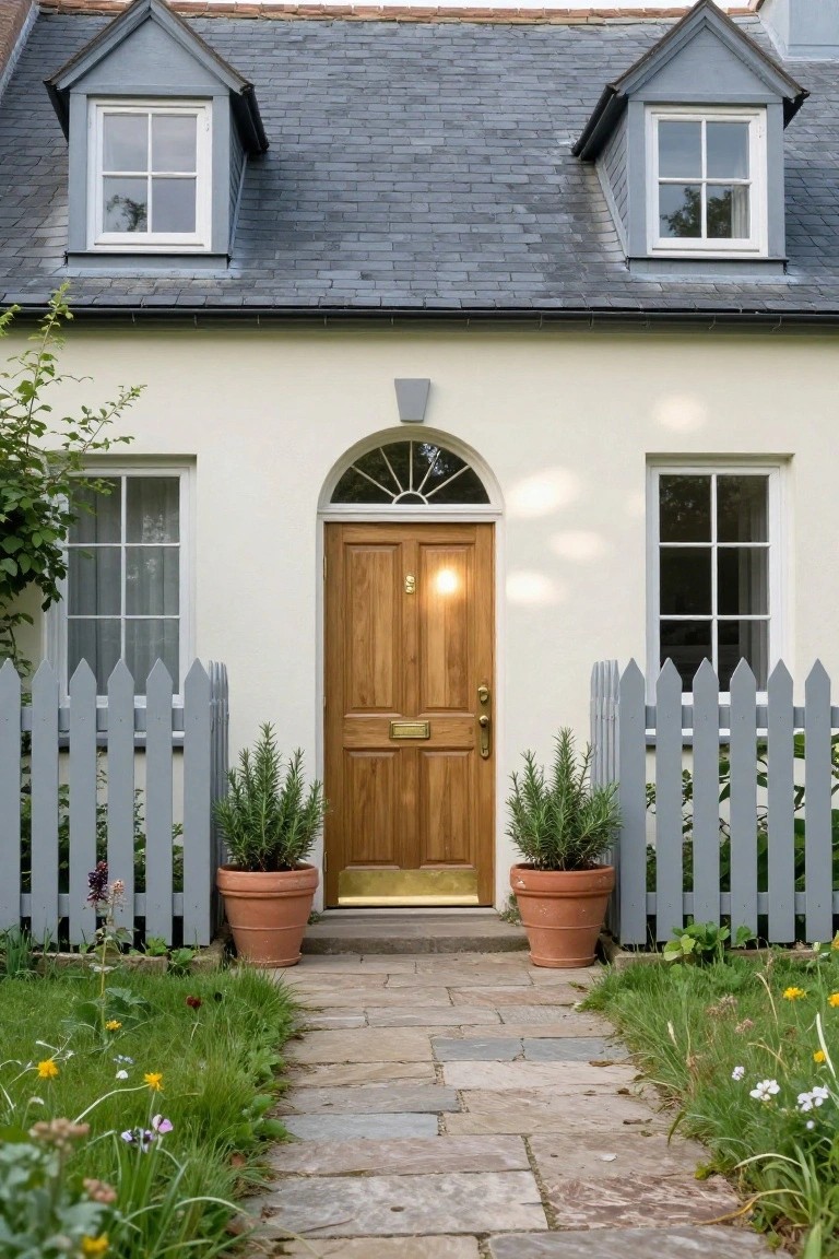 Cream stucco house exterior with slate roof and dormer windows, featuring a centered arched wooden front door with brass hardware, flanked by gray picket fence and terracotta pots of rosemary, stone path through grassy yard with flowers.