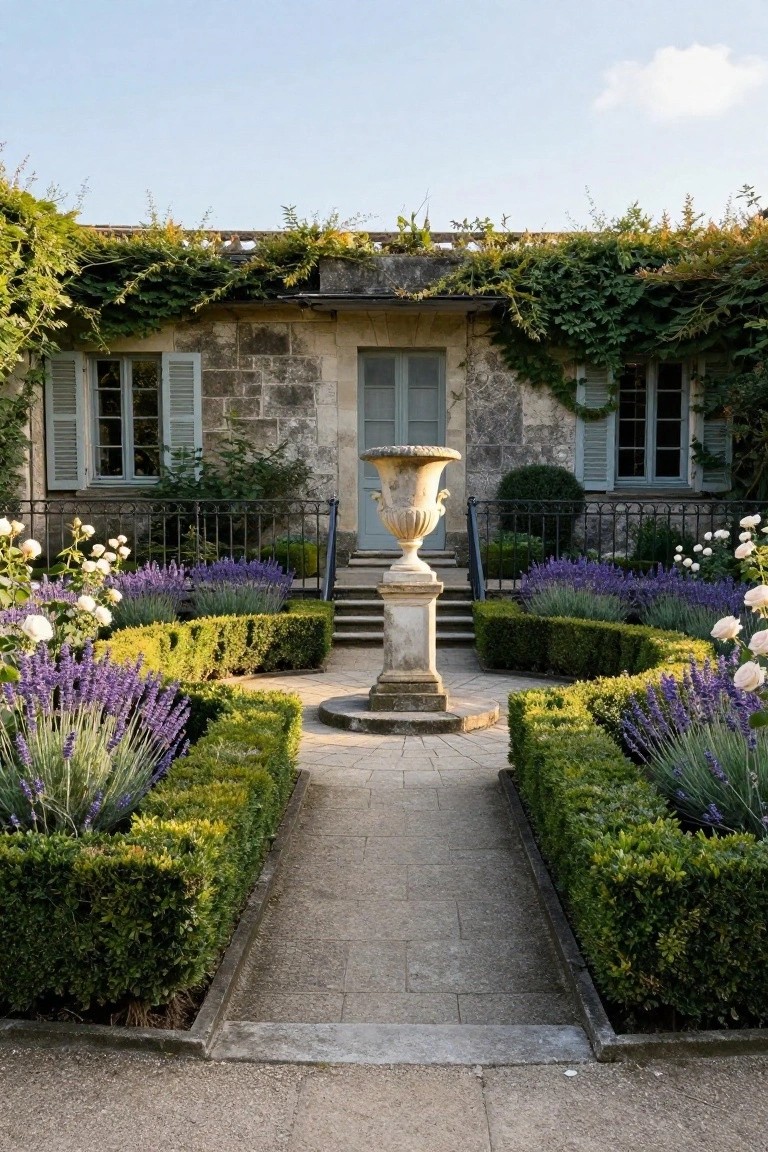 Stone pathway leading to a light blue door on an ivy-covered stone house, bordered by symmetrical boxwood hedges, lavender plants, and rose bushes with a central pedestal urn in a formal garden.
