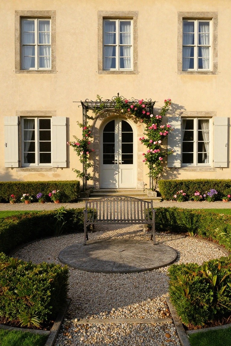 Beige stucco French country house facade with arched white double doors framed by pink climbing roses on a wrought-iron arbor, flanked by shuttered windows, flower beds, gravel path, and central bench in the front yard.