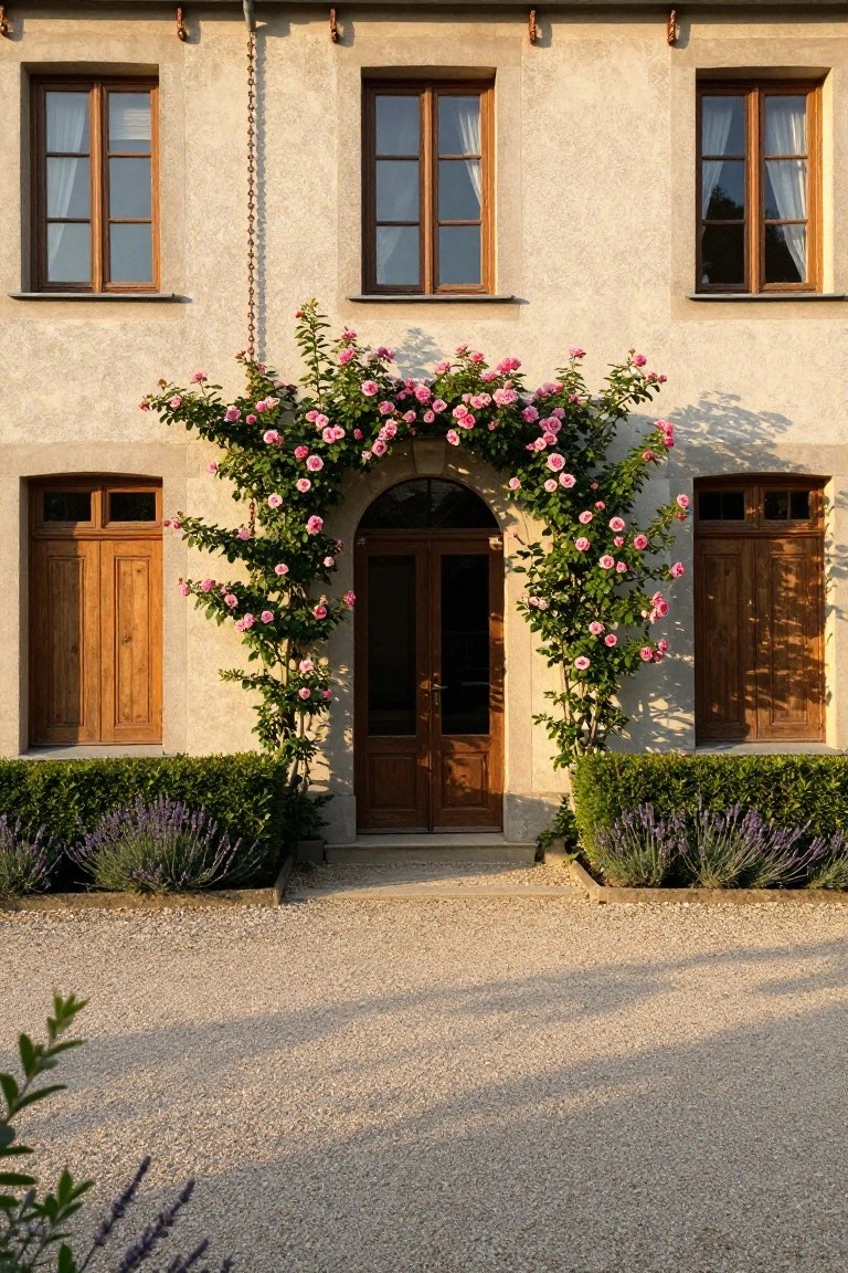 Beige stucco house facade with arched wooden front door framed by pink climbing roses, wooden shutters on windows, lavender bushes along the base, and gravel driveway in front.