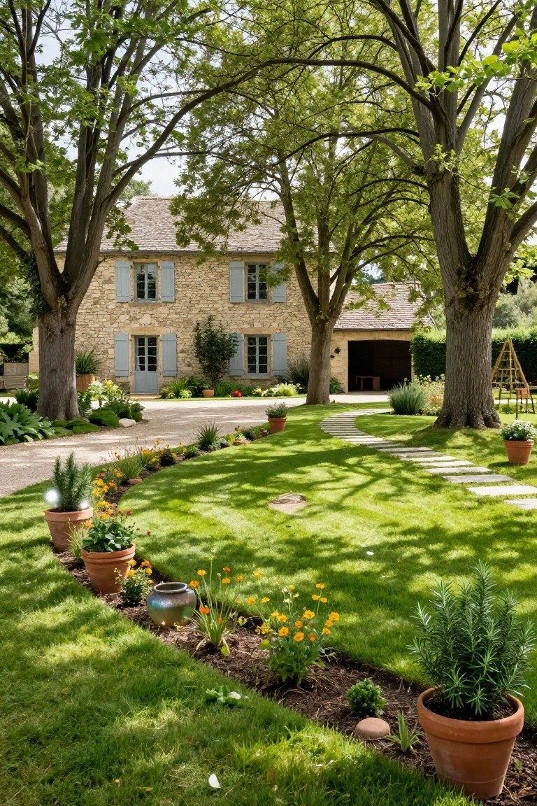 Stone French country house with blue shutters and tiled roof flanked by mature trees, a curved stone path through lawn edged by flower beds with potted plants, gravel driveway, and open garage.