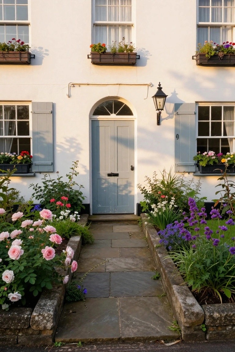 White house with blue front door and gray shutters, flanked by flower-filled window boxes and raised beds of pink roses, purple flowers, and greenery bordering a flagstone pathway.