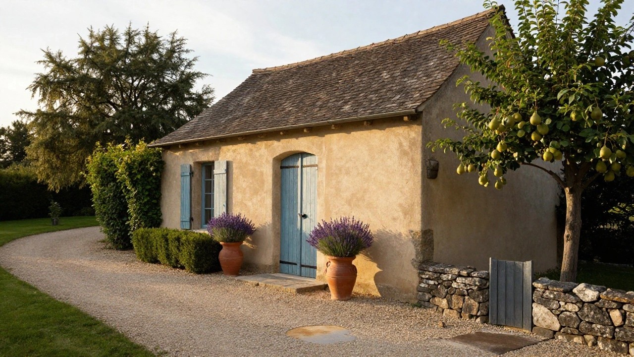 Stone French country cottage exterior with slate roof, blue shutters on arched windows, blue double front doors flanked by two large terracotta pots of lavender, climbing vines on the corner, boxwood hedges edging a curved gravel path, and a small pear tree by a stone wall.