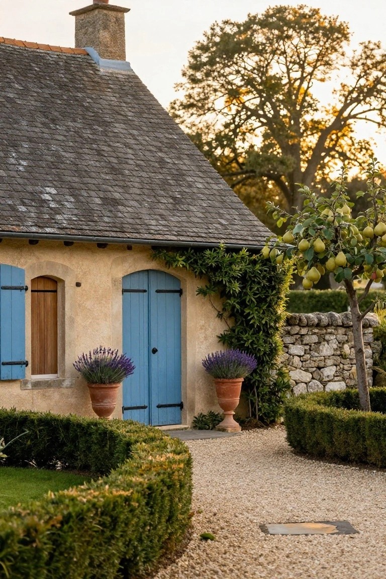 Stone French country cottage exterior with slate roof, blue shutters on arched windows, blue double front doors flanked by two large terracotta pots of lavender, climbing vines on the corner, boxwood hedges edging a curved gravel path, and a small pear tree by a stone wall.