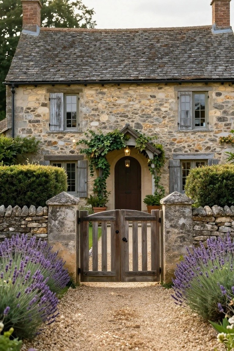 Stone cottage exterior with slate roof, wooden shutters, ivy-draped arched entry porch with lantern and dark wood door, flanked by boxwood shrubs, wooden gate in stone pillars, gravel path lined with lavender bushes, and low stone wall.