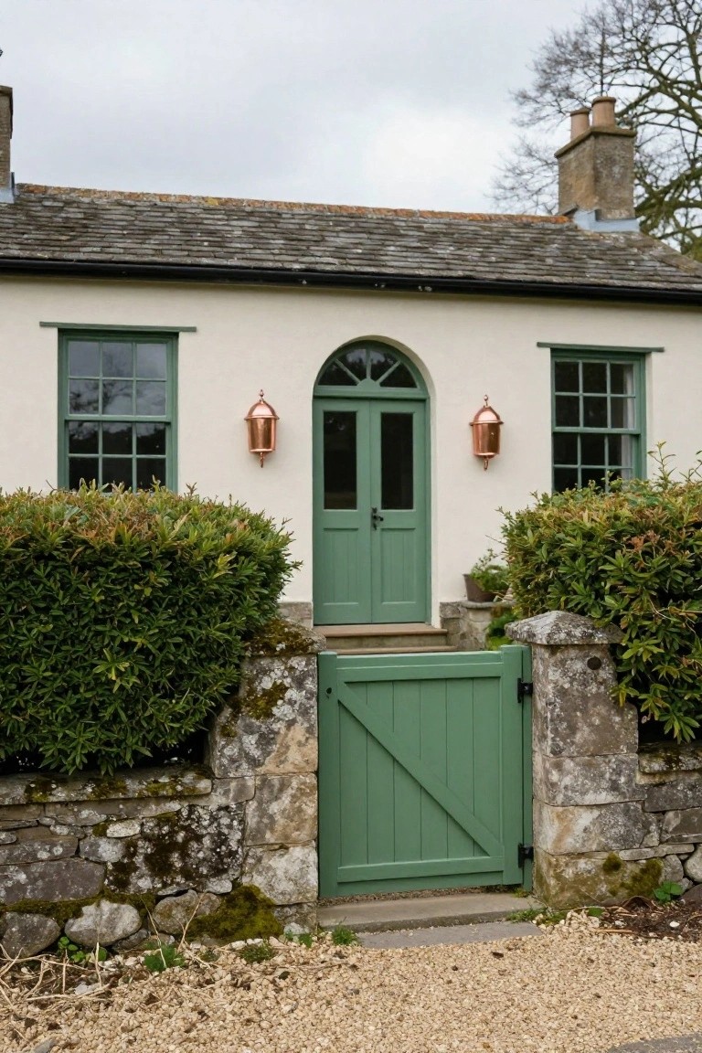 White cottage with slate roof, sage green double front doors under arched fanlight, green sash windows, copper lanterns, boxwood hedges, matching green gate in mossy stone wall, gravel path.