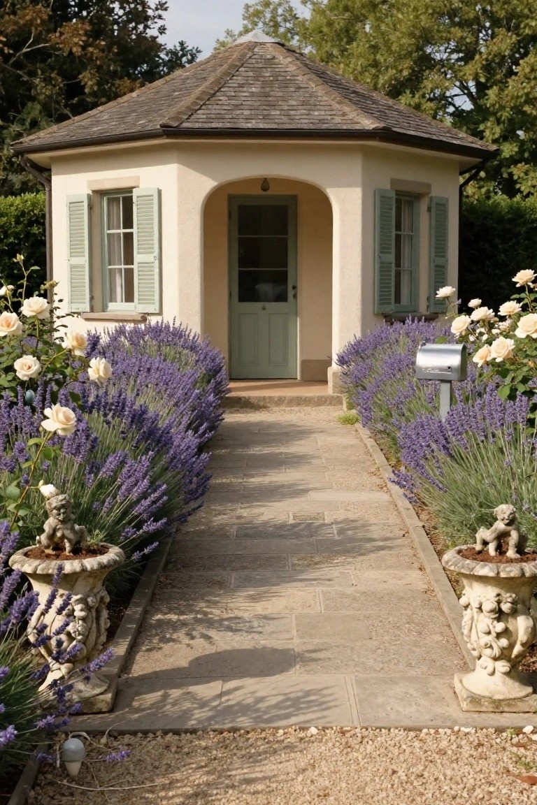 Octagonal stucco garden pavilion with pale walls, green shutters, and arched green door, approached by straight stone path flanked by lavender hedges and stone urns with cherub figures, rose bushes nearby.
