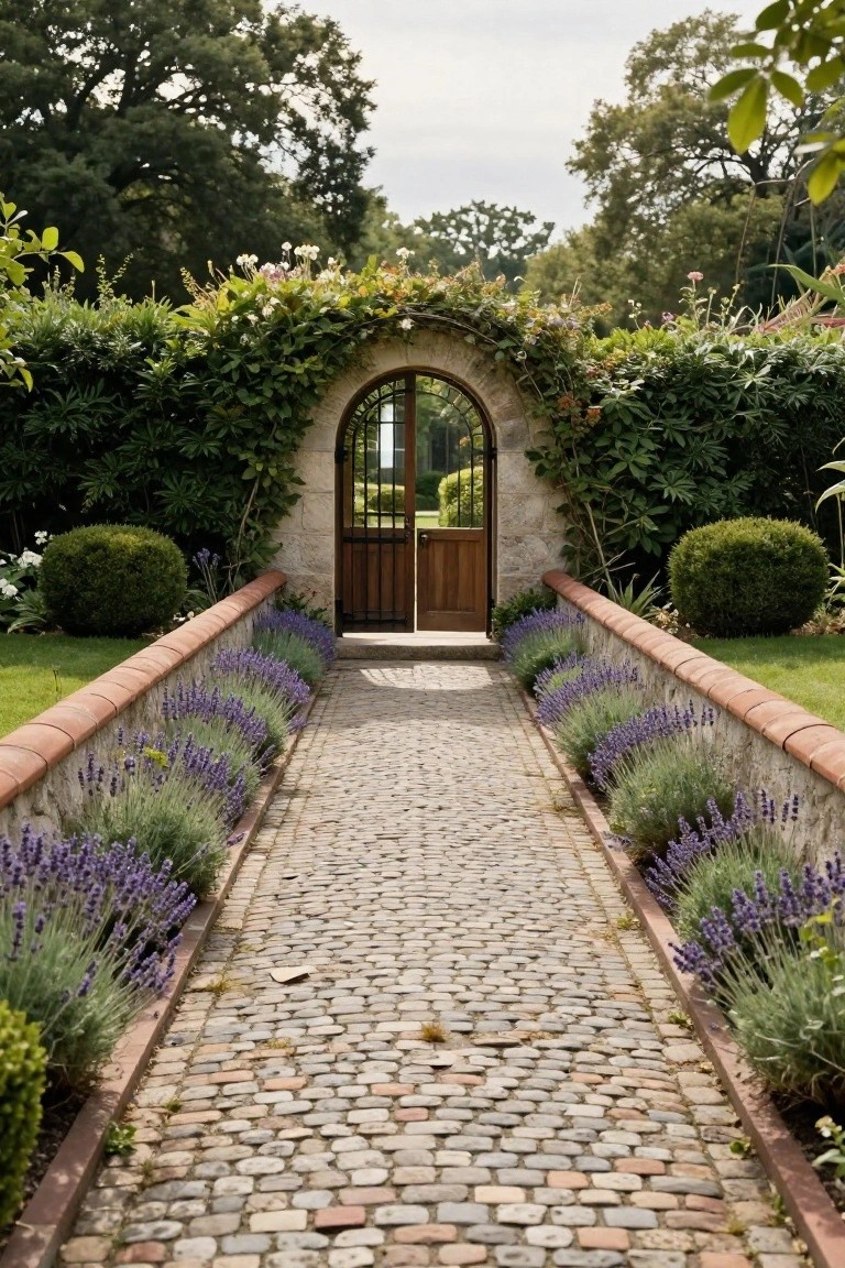 Cobblestone path bordered by lavender plants along low brick walls, leading to an arched stone gateway with wooden doors, flanked by hedges and trees in a garden setting.
