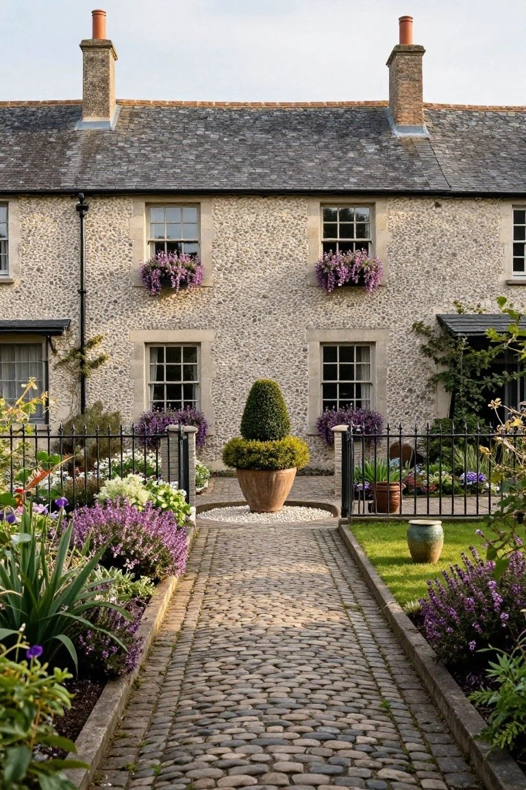 Stone cottage house with slate roof and window boxes of purple flowers, approached by straight pebble path through purple flower beds flanked by black iron gate and topiary trees.