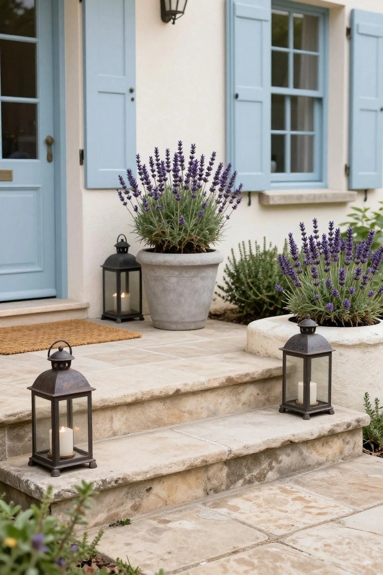 Light blue front door and shutters on a white stucco house exterior, with large gray pot of blooming lavender next to the door, smaller lavender plants in pots and ground, iron lanterns with candles on stone entry steps, and a woven doormat.