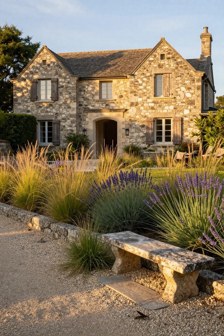 Two-story stone house with wooden shutters, arched entry, and chimney, fronted by ornamental grasses, lavender plants, stone wall, bench, and gravel path.