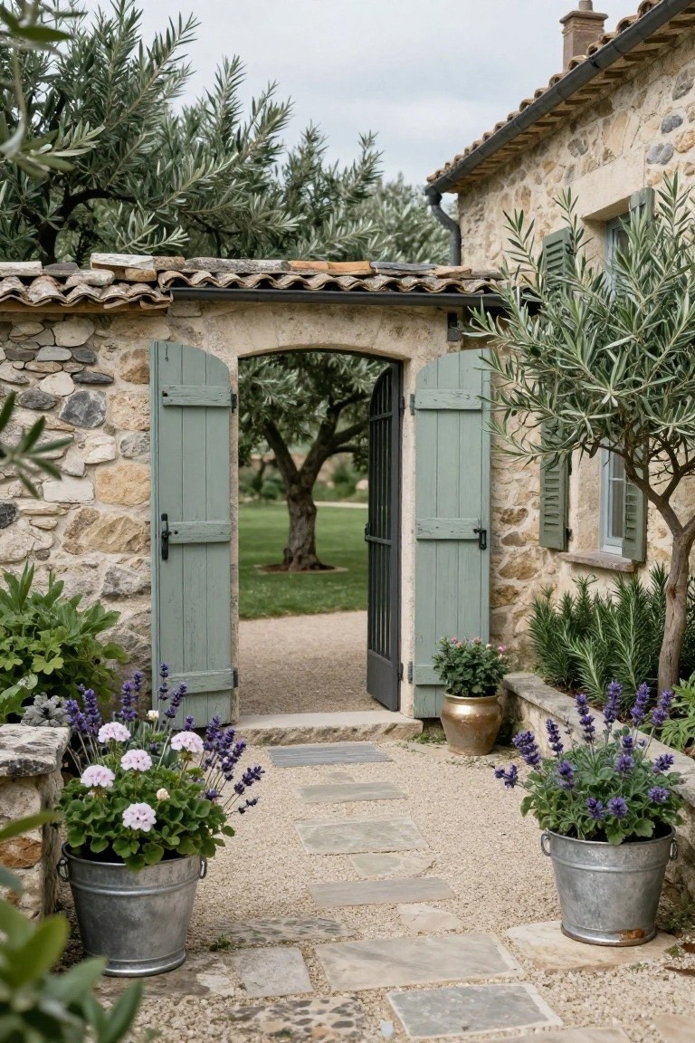 Stone arched doorway with open green louvered shutters and black iron gate, flanked by olive trees and potted pink geraniums and purple lavender in galvanized metal buckets along a gravel path.