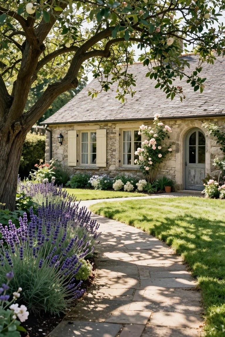 Stone cottage exterior with slate roof, arched blue door, pink climbing roses on the wall, lavender bushes lining a curved flagstone path, and green lawn in the front yard.