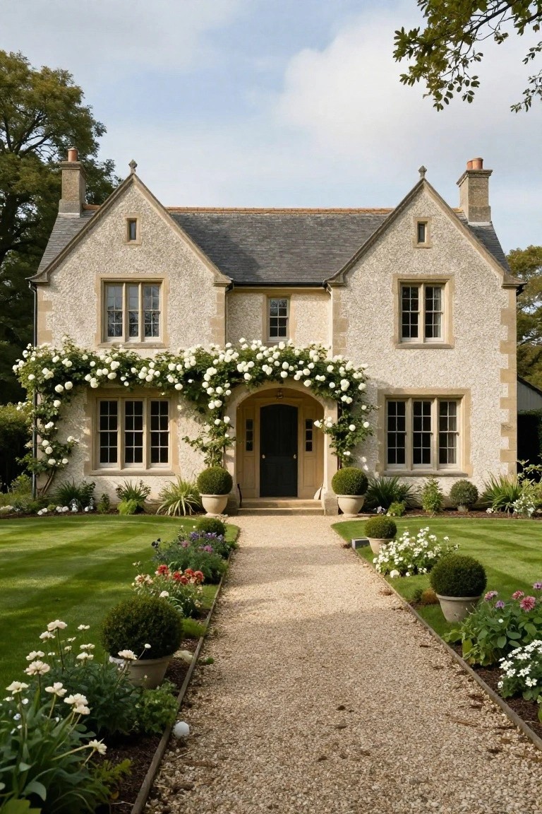 Two-story beige stone house with gabled roof, white climbing roses covering the facade and arching over the front door, gravel pathway lined with flower beds and boxwoods leading to the entrance, green lawn on sides.