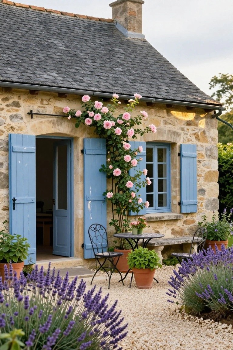 Stone French country cottage with pink climbing roses on the facade around an open blue-shuttered door and window, bistro table with chairs on gravel patio amid lavender plants and pots.