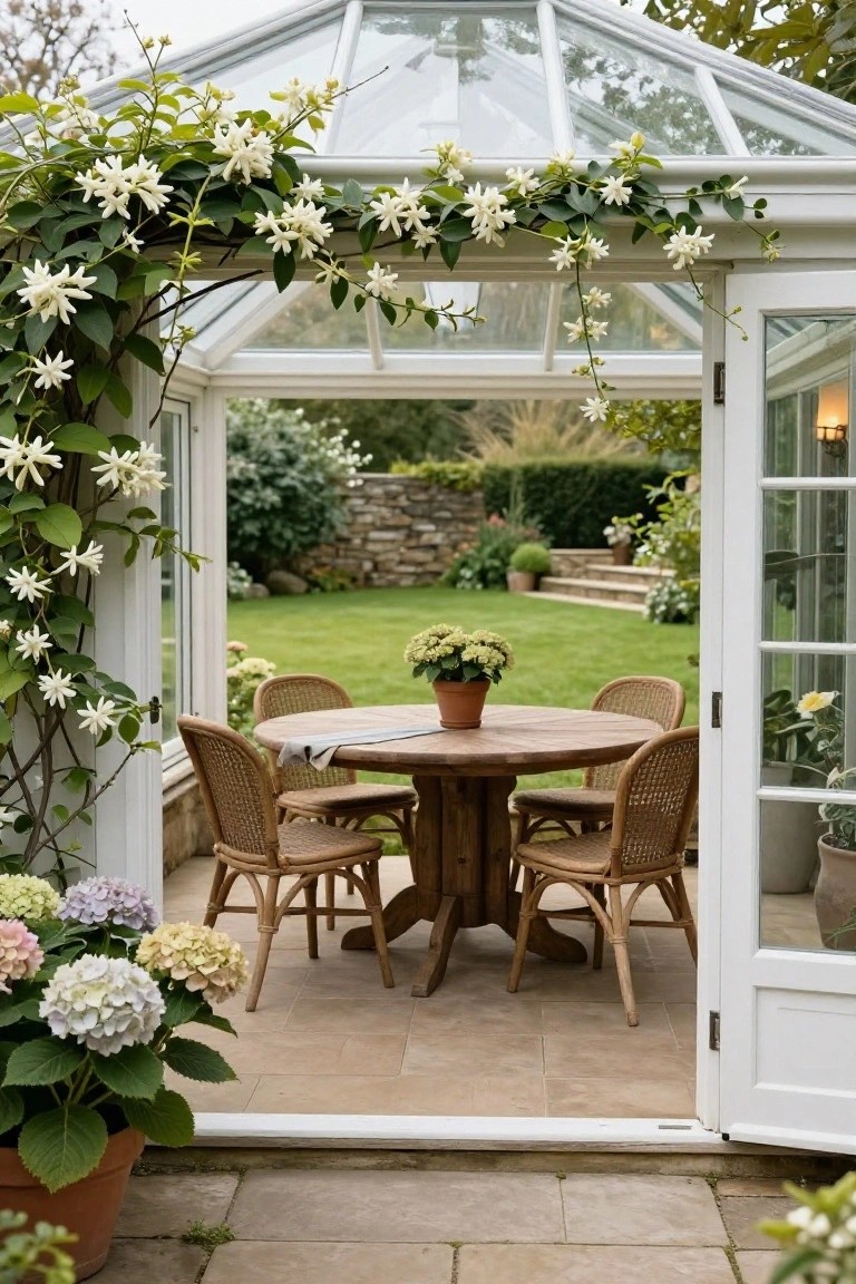 White-framed glass conservatory with climbing white-flowered vines on the exterior, open French doors revealing a garden, round wooden table with four rattan chairs on tiled threshold, potted hydrangeas and other plants nearby.