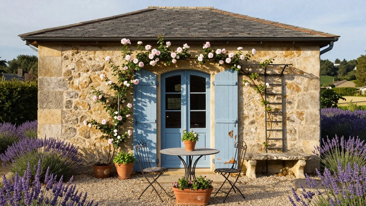 Stone French country cottage with pink climbing roses on the facade around an open blue-shuttered door and window, bistro table with chairs on gravel patio amid lavender plants and pots.