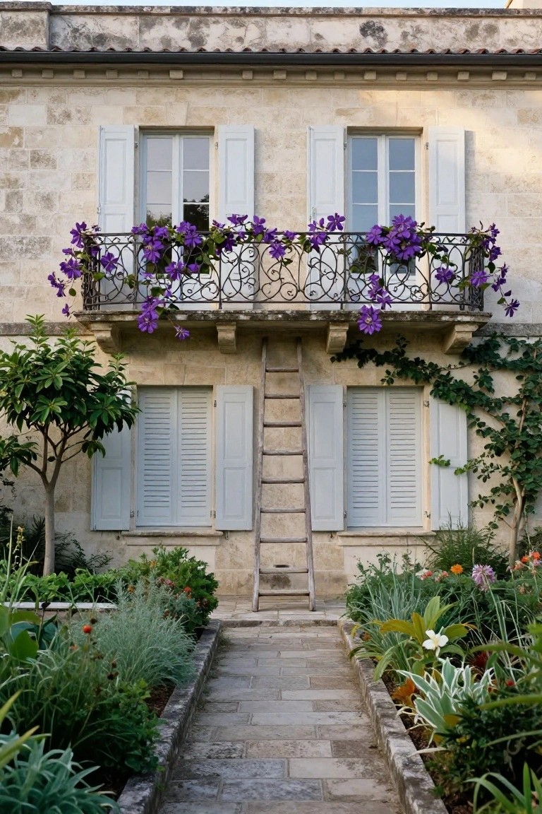 Stone house exterior with wooden ladder against the wall leading to an elevated balcony overflowing with purple clematis on wrought-iron railing, flanked by shutters and surrounded by garden beds and a stone path.