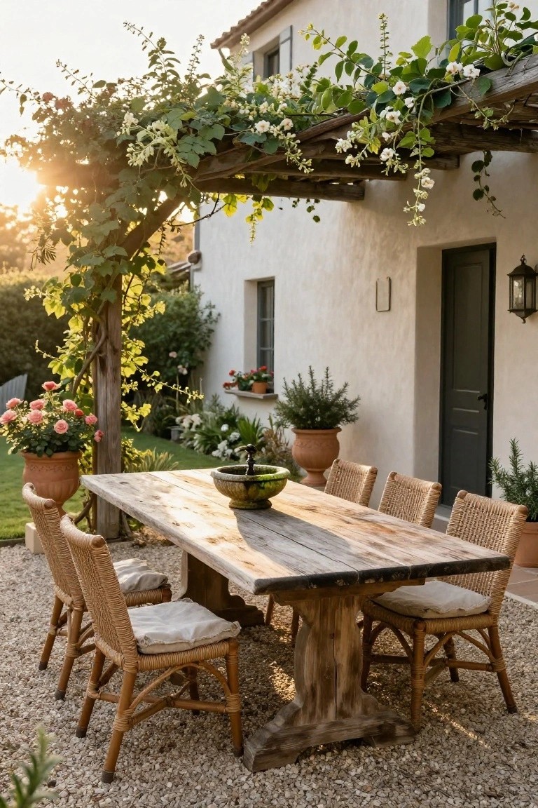 Rustic wooden dining table and rattan chairs on gravel patio under wooden pergola covered in green vines and white flowers, next to white stucco house wall with potted plants and garden bed.