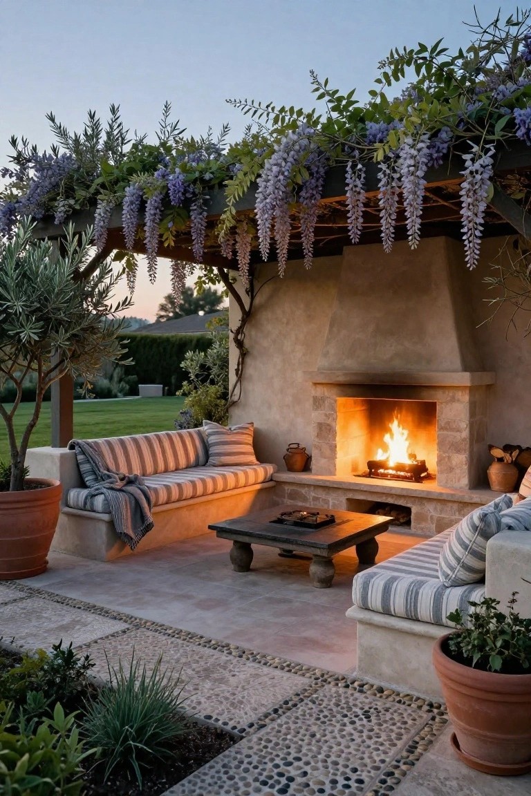 Outdoor patio with built-in striped benches around a lit stone fireplace under a wooden pergola draped in purple wisteria vines, surrounded by potted plants and pebble paths.
