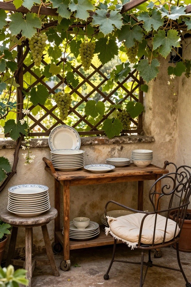 Wooden cart table on a terrace holding stacked white plates and bowls with blue rims, under grapevine trellis against a stone wall with a metal chair nearby.